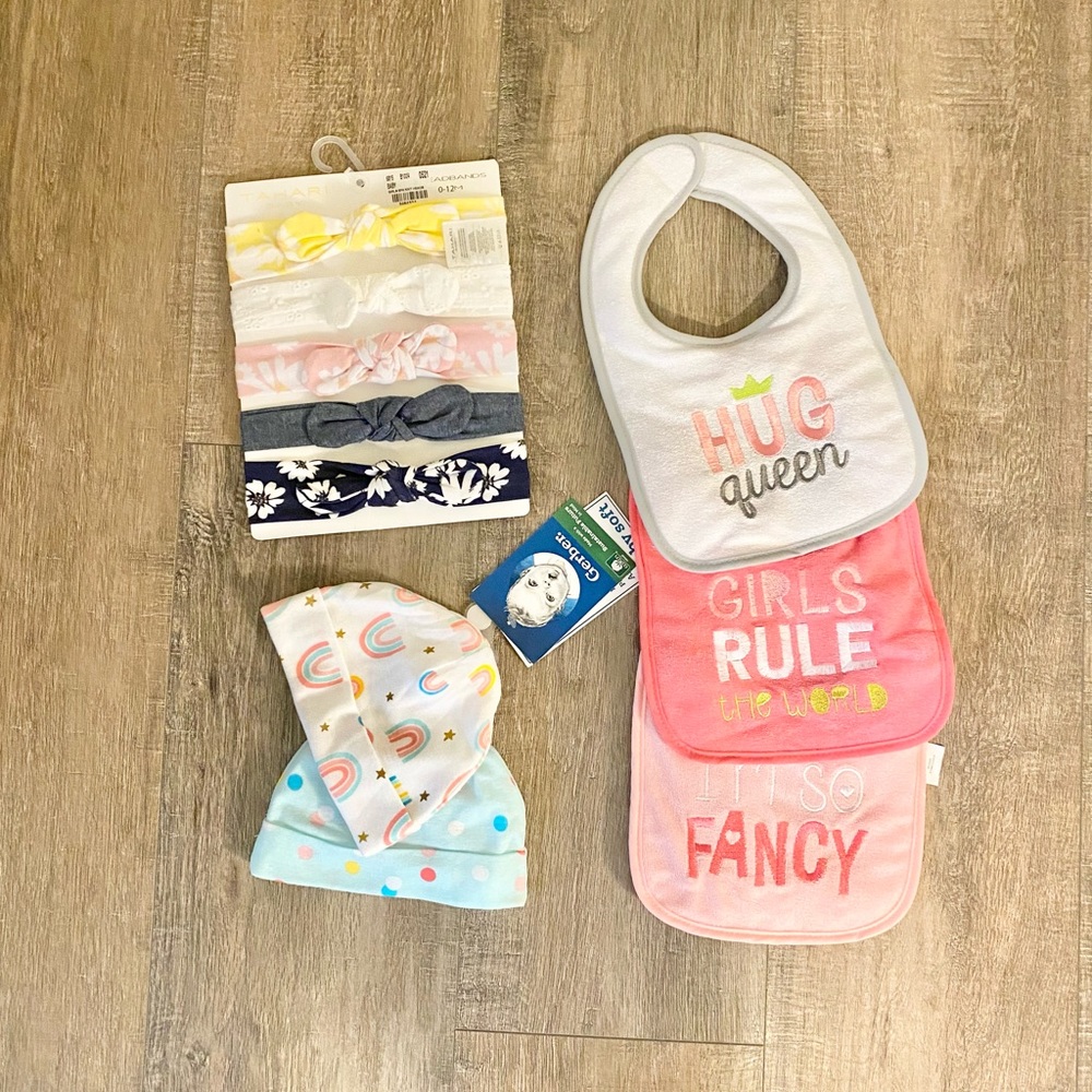 Baby Girl Accessory Bundle with Hats, Headbands, and Bibs